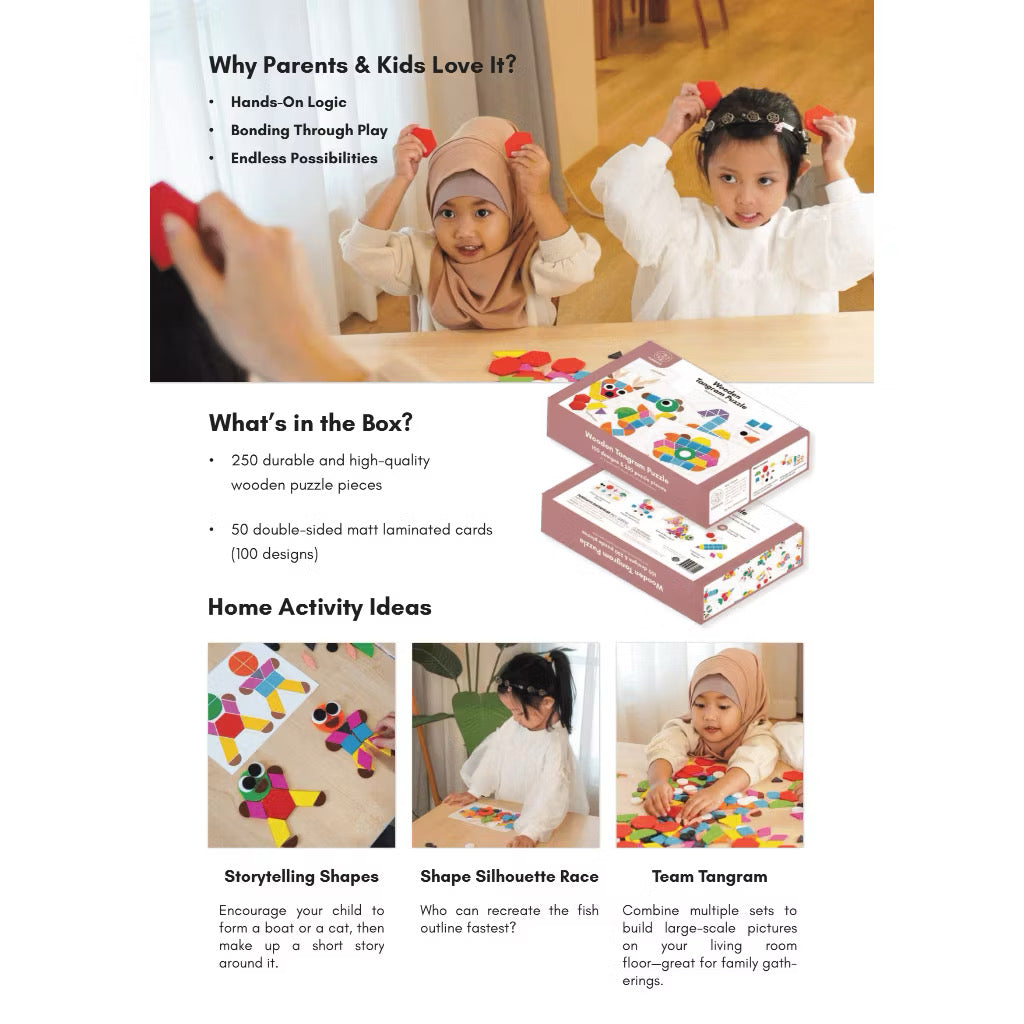 PureDays Wooden Tangram Puzzles | 250 Colourful Pieces & 50 double-sided matt laminated cards