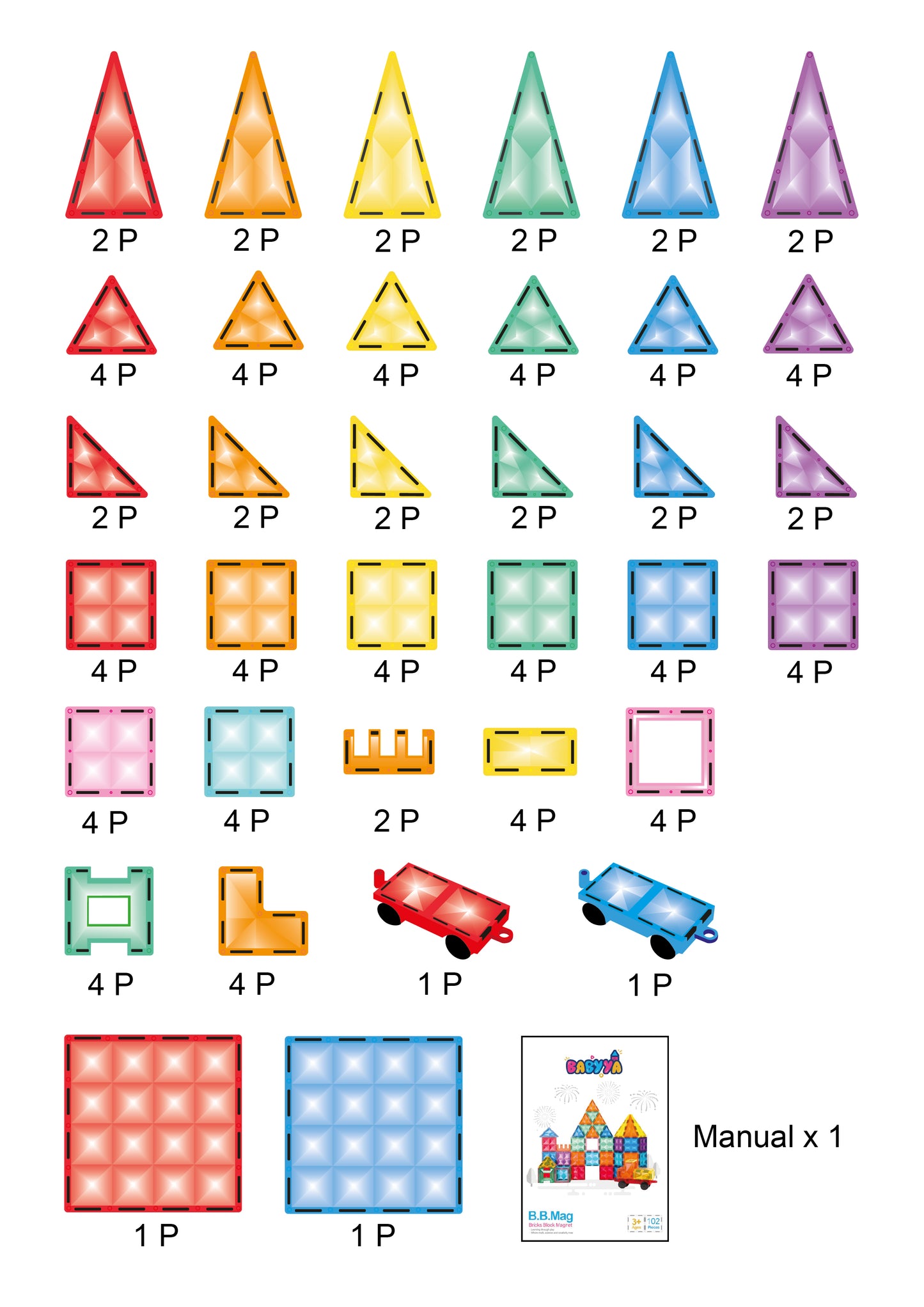 BaByYa B.B.Mag | Rainbow Magnetic Tiles 102 Pieces