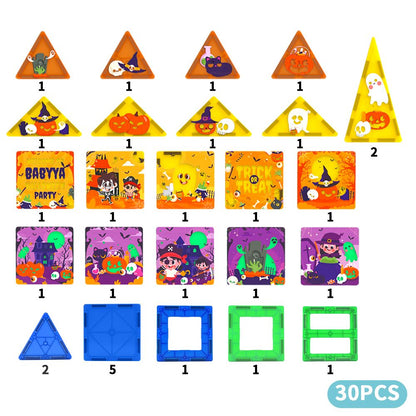 BabyYa B.B Mag | Halloween Edition Magnetic Tiles 30 pcs | Glow in the Dark - Free Transparent Pen with UV Torch