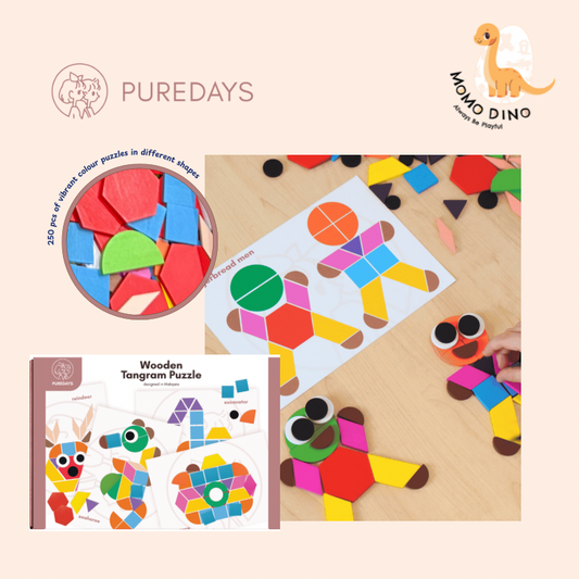 PureDays Wooden Tangram Puzzles | 250 Colourful Pieces & 50 double-sided matt laminated cards