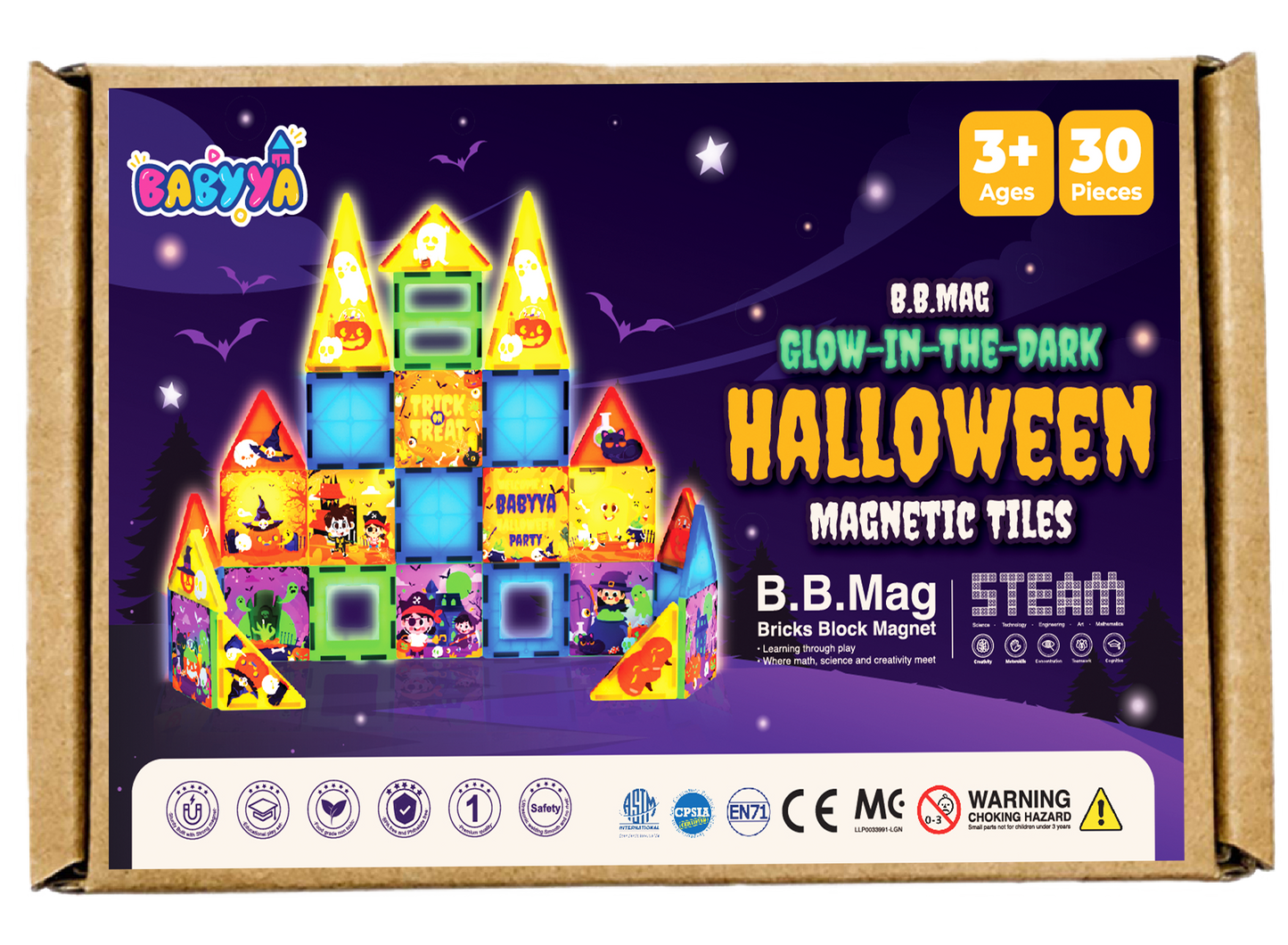 BabyYa B.B Mag | Halloween Edition Magnetic Tiles 30 pcs | Glow in the Dark - Free Transparent Pen with UV Torch