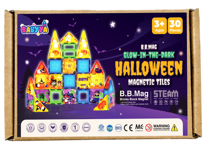 BabyYa B.B Mag | Halloween Edition Magnetic Tiles 30 pcs | Glow in the Dark - Free Transparent Pen with UV Torch