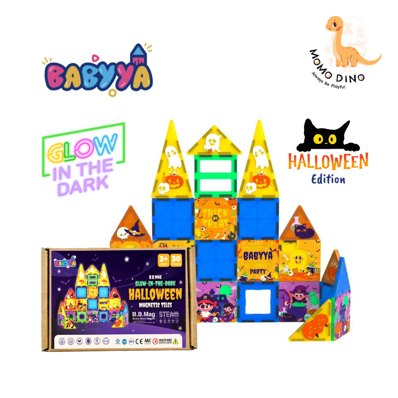 BabyYa B.B Mag | Halloween Edition Magnetic Tiles 30 pcs | Glow in the Dark - Free Transparent Pen with UV Torch